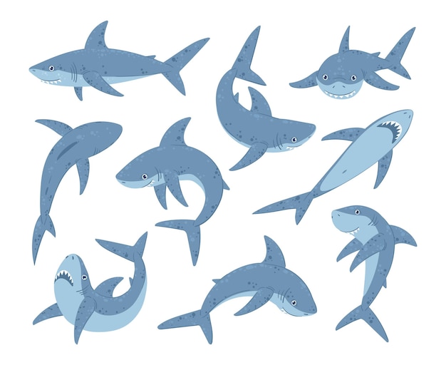 Cartoon Ocean Rekin Maskotki Morskie Stworzenia Drapieżne Wektor Symbole Ilustracji Zestaw