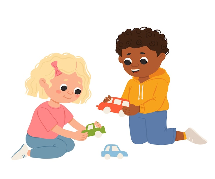 Wektor cartoon szczęśliwa dziewczyna i chłopiec bawi się samochodami i uśmiecha się cute ilustracji wektorowych na białym tle