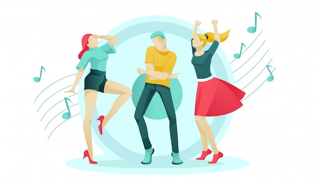 Cartoon Women And Man Move To Music On Dance Floor