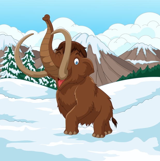 Plik wektorowy cartoon woolly mammoth chodząc po zaśnieżonym polu