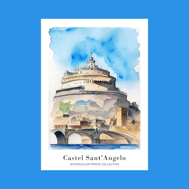 Castel Sant'angelo Włochy Akwarel Malarstwo Plakat Do Drukowania