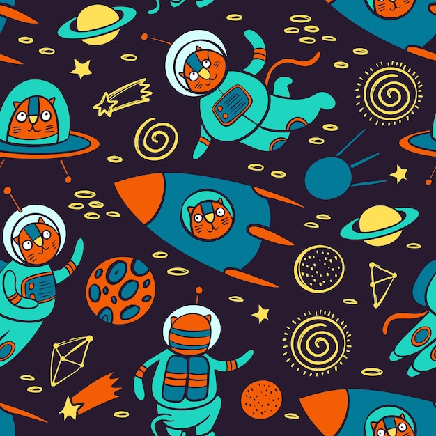 Cat Space Pattern Słodkie Kosmiczne Zwierzę Podróżujące W Skafandrze Kosmicznym I W Rakiecie Wśród Planet Galaktyki