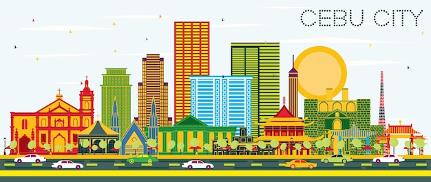 Plik wektorowy cebu city filipiny skyline z kolorowymi budynkami i błękitnym niebem. ilustracja wektorowa. podróże służbowe i koncepcja turystyki z nowoczesną architekturą. gród cebu miasta z zabytkami.