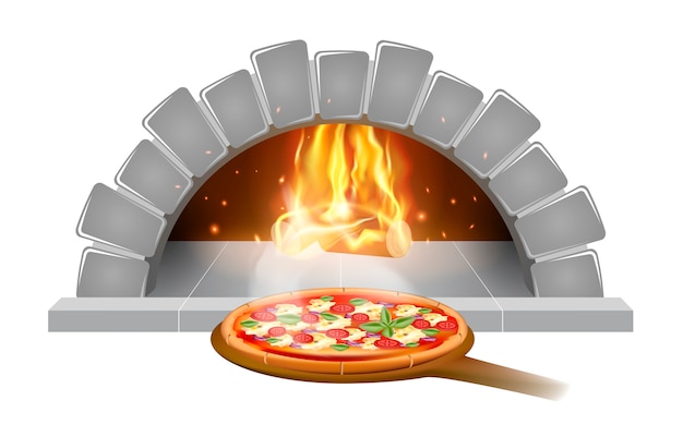 Cegła piekarnika kamiennej pizzy ilustracyjny emblemat lub etykietka dla pizzerii menu, odizolowywającego na białym tle