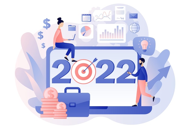 Cel Biznesowy Na Nowy Rok 2022 Biznesmeni Mali Ludzie Planujący Cele Na Przyszły Rok W Internecie Przywództwo