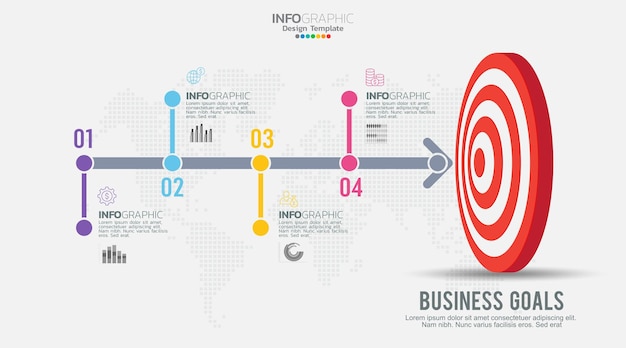 Cel za pomocą czterech kroków do szablonu infografiki celu dla internetowych prezentacji biznesowych