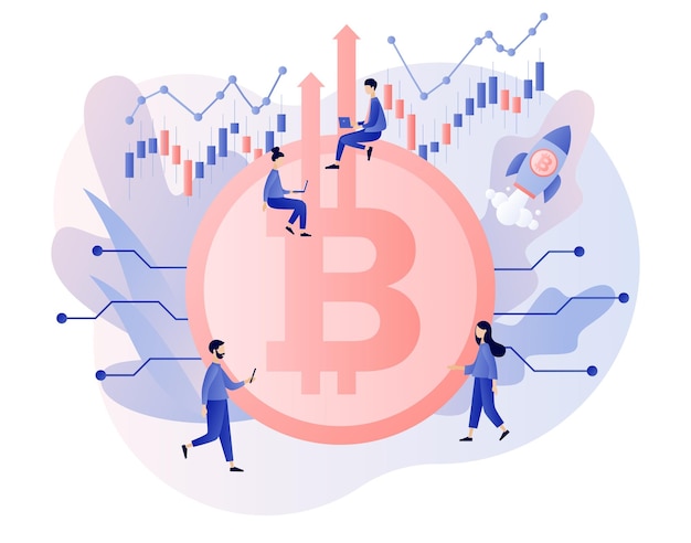 Cena dużej monety Bitcoin gwałtownie wzrosła Koncepcja rynku byka ze statkiem kosmicznym lecącym w górę Wzrost stopy
