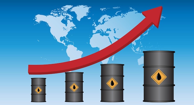 Plik wektorowy cena ropy rośnie, trend wzrostowy, baner ze strzałką i baryłki ropy na tle mapy świata. ilustracja wektorowa