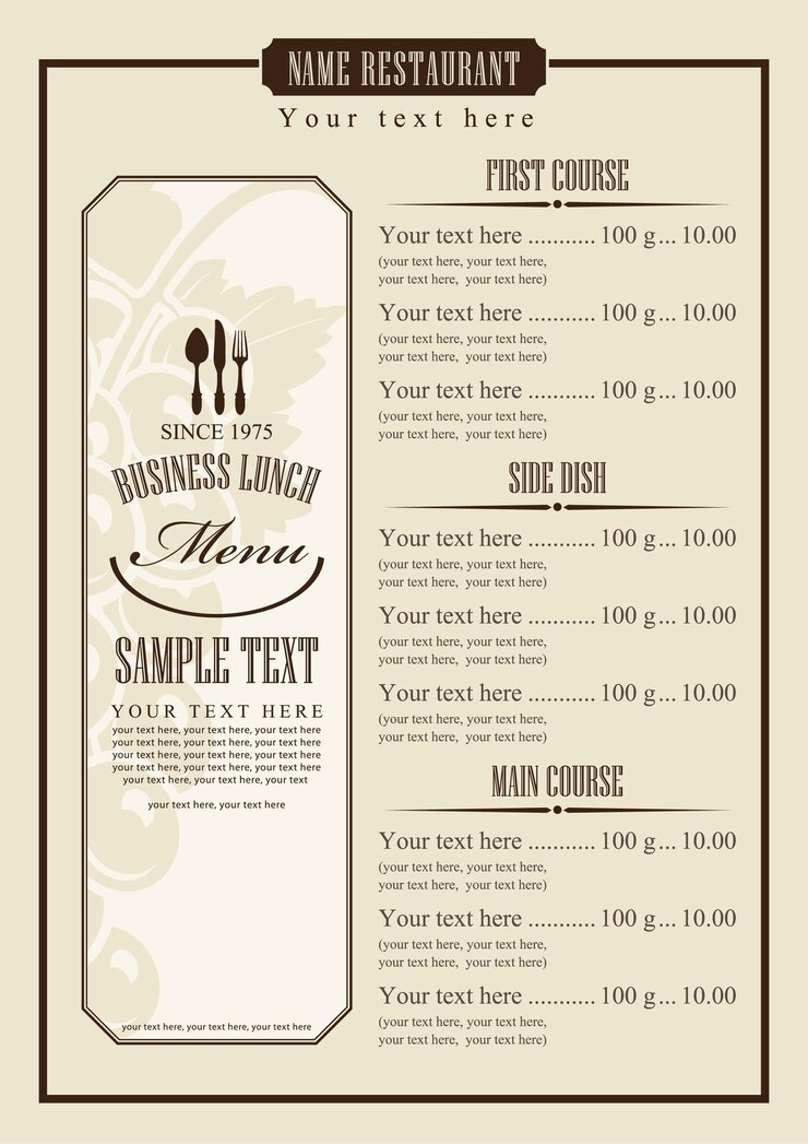 Wektor cennik menu dla kawiarni z lunchami biznesowymi