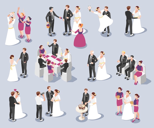 Ceremonia ślubna Niezapomniane Chwile Izometryczne Ikony Ustawione Z ślubami I Pierścieniami Wymieniają Małżeństwo Oświadczenie Pocałunek Ilustracji Wektorowych