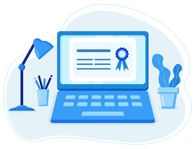 Certyfikat online na ekranie laptopa dla webinarium kursu e-learningowego i koncepcji edukacji online