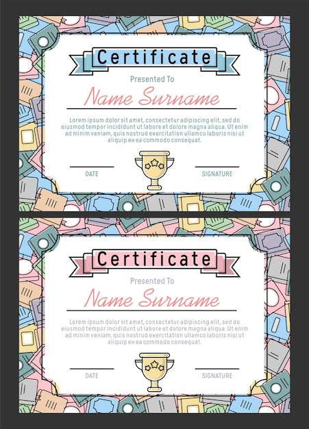 Plik wektorowy certyfikaty dla dzieci z książkowym tłem i złotym pucharem zwycięzcy różowo-niebieskim dla chłopca i dziewczynki