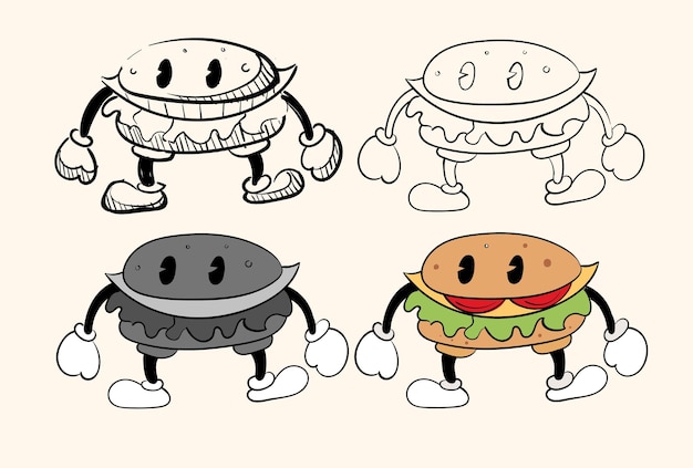 Charakter burger szkiclineartbezbarwny i kolorowy Etapy rysowania kolorowanka rocznika bajki zabawna postać wektor ilustracja modny klasyczny styl retro kreskówka