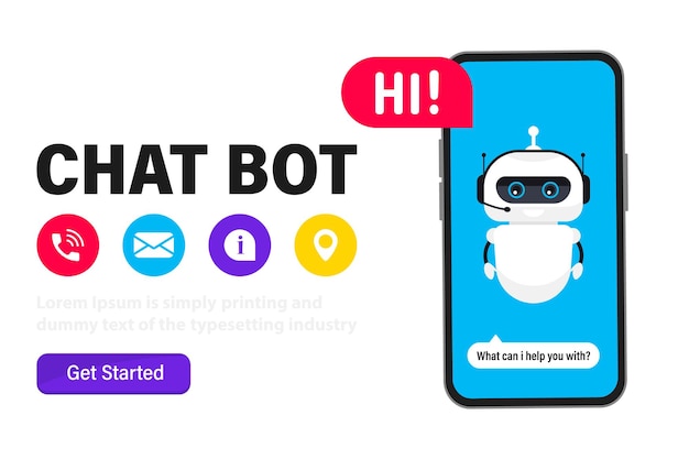 Chatbot Na Ekranie Smartfona, Baner Internetowy. Czat Bot W Telefonie. Sztuczna Inteligencja. Pomóż Serwisowi Czatować Za Pomocą Aplikacji Chatbot. Technologia Neuronet Lub Ai, Obsługa Klienta, Wirtualny Asystent