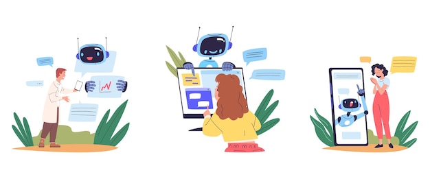 Chatbot odpowiada klientowi Robot asystent usługa wsparcia dla ludzi ai technologia pomoc użytkownikowi Internetu pomoc w czacie online w aplikacji dla smartfonów lub ilustracji wektorowej komputera