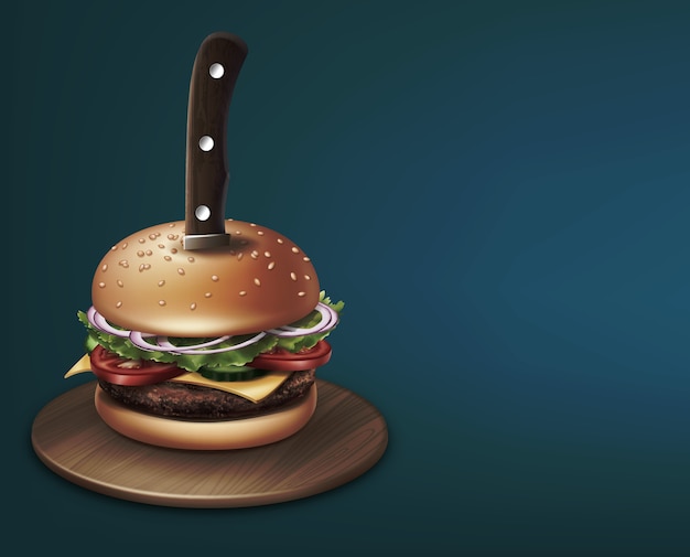 Cheeseburger Dźgnięty Nożem Na Ilustracji Okrągłej Drewnianej Tablicy