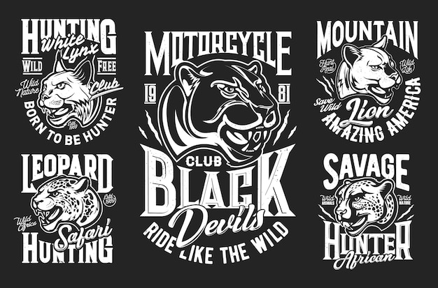 Cheetah Leopard Puma Lynx I Maskotki Lwa Górskiego Oraz Nadruki Na Koszulkach Rowerzyści Klub Motocyklowy Afrykańskie Safari Polowanie Podróże Lub Park Przyrody Odzież Tshirt Monochromatyczny Nadruk Wektorowy Z Dzikimi Kotami