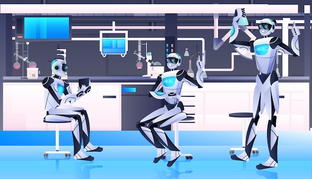chemicy robotyczni przeprowadzający eksperymenty chemiczne w laboratorium inżynieria genetyczna koncepcja sztucznej inteligencji wnętrze laboratorium poziome na całej długości