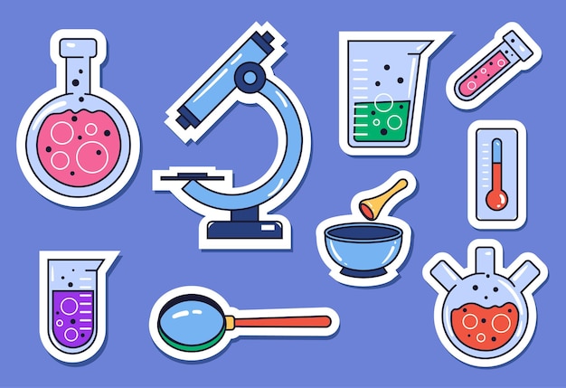 Chemii laboratorium nauki naklejki na białym tle zestaw płaski projekt graficzny element koncepcji