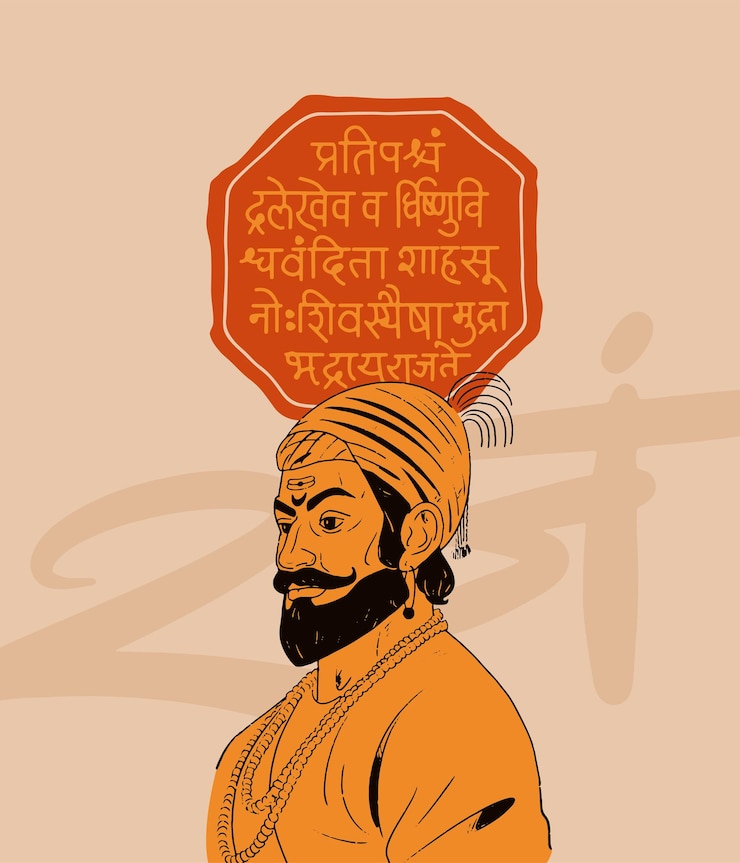 Wektor chhatrapati shivaji maharaj ręcznie narysowany wektorowy ilustracja baner z rajmudra royal seal