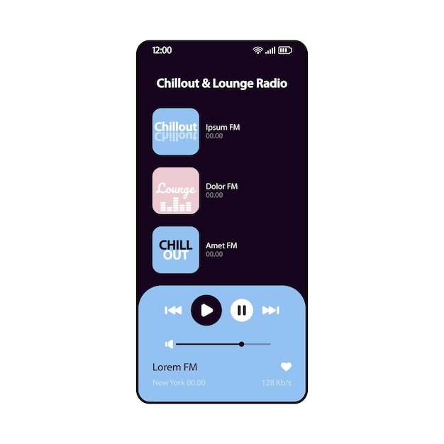 Chillout & lounge Szablon wektor interfejsu smartfona z radiem FM