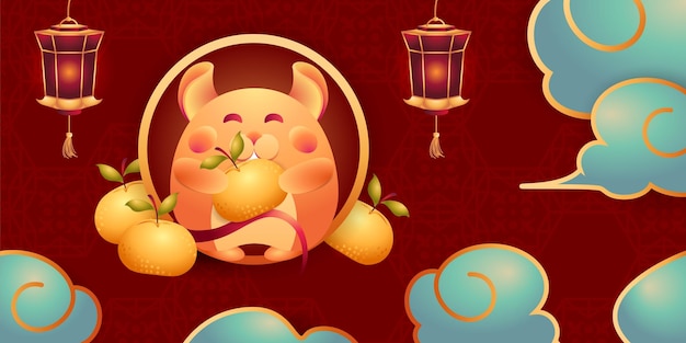Chiński Nowy Rok Szczura Szczęśliwa Mysz Z Soczystymi Mandarynkami I Czerwoną Latarnią Azjatyckie Powitanie Festiwalu
