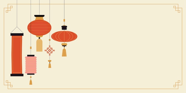 Plik wektorowy chińskie latarnie tła tradycyjne czerwone lampy azjatyckie banner świętowania nowego roku współczesny plakat dekoracyjny uroczystościowy girland i przestrzeń do kopiowania tekstu minimalistyczna ilustracja wektorowa
