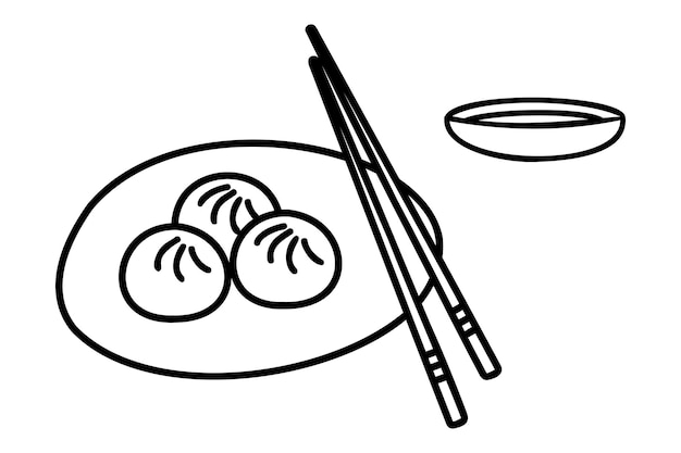 Chińskie pierogi Wontons na białym tle. Azjatyckie jedzenie. Doodle ilustracja dla restauracji, ja