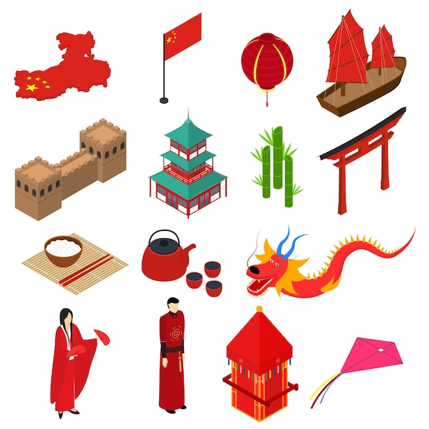 Chiny turystyczne symbole izometryczny widok wektor