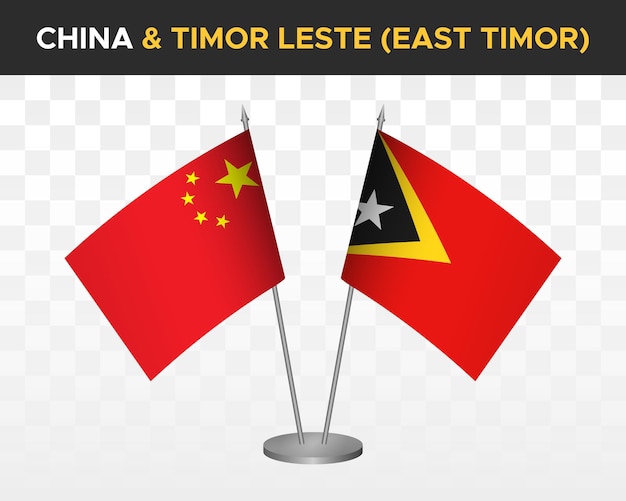 Chiny Vs Wschodni Timor Wschodni Flagi Na Biurko Makieta Na Białym Tle 3d Ilustracji Wektorowych Chińskie Flagi Stołowe