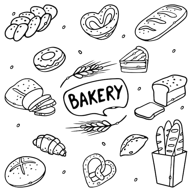 Chleb I Ciasta Produkty Piekarnicze Zarys Ręcznie Rysowane Doodles Zestaw Premium Wektorów