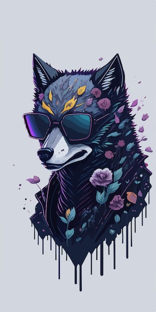 Plik wektorowy chłodny wilk przechodzi przez żyjącą florę, okulary przeciwsłoneczne wibrują.