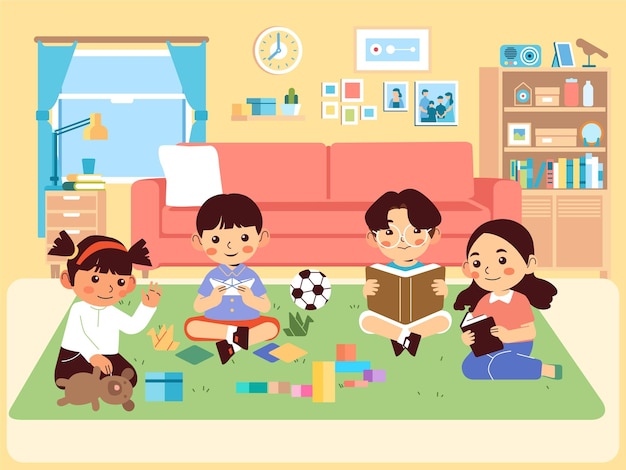 Chłopcy I Dziewczęta Bawią Się I Uczą W Salonie, Bawiąc Się Lalkami Origami I Czytając Książkę