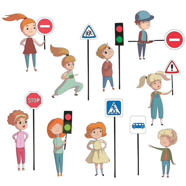 Plik wektorowy chłopcy i dziewczęta obok różnych znaków drogowych i sygnalizacji świetlnej. ilustracja na białym tle.