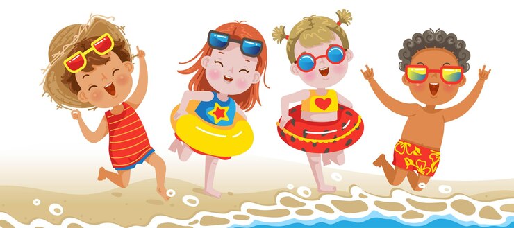Wektor chłopcy i dziewczynki bawiące się na plaży w letnie wakacje