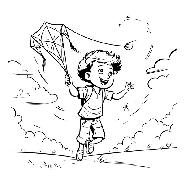 Plik wektorowy chłopiec bawiący się latawcem czarno-biała ilustracja wektorowa do kolorowania książki