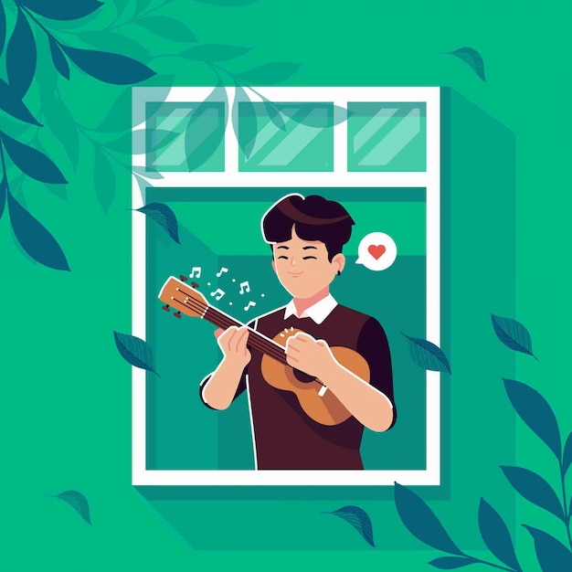 Chłopiec Bawić Się Ukulele W Nadokiennym Ilustracyjnym Tle