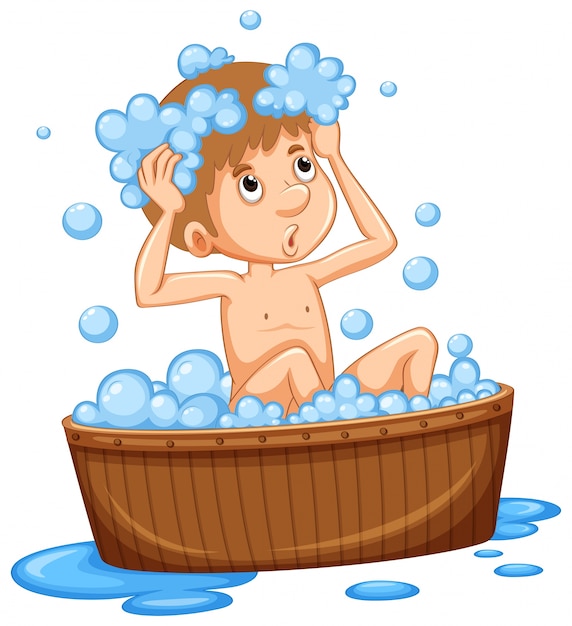 Plik wektorowy chłopiec biorąc kąpiel w drewnianej wannie
