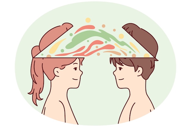 Plik wektorowy chłopiec i dziewczyna z kolorowymi plamkami farby w pobliżu głowy symbolizują wspólny obraz wektorowy burzy mózgów