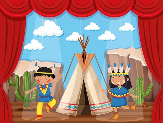 Chłopiec I Dziewczynka Gra Native Indian Na Scenie