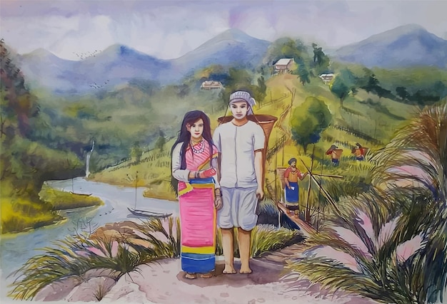 Chłopiec I Dziewczynka Stoją Przed Wzgórzem Piękna Akwarelowa Ilustracja Krajobrazu