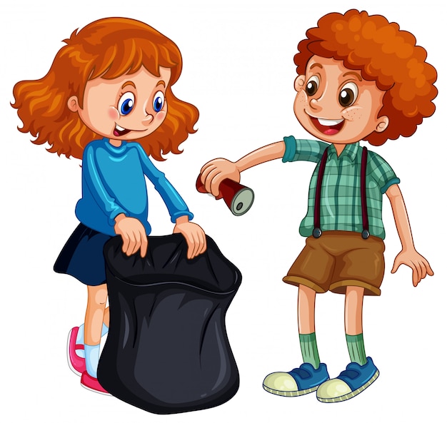 Plik wektorowy chłopiec i dziewczynka, zbierając śmieci