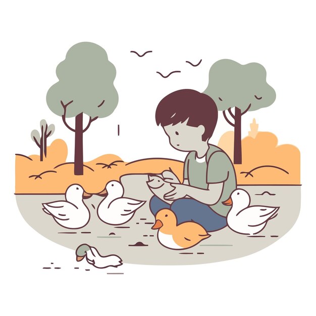 Plik wektorowy chłopiec karmiący kaczki w parku słodka ilustracja wektorowa z kreskówki
