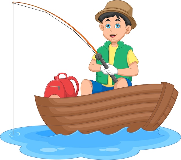 Chłopiec łowiący Na Drewnianej łodzi