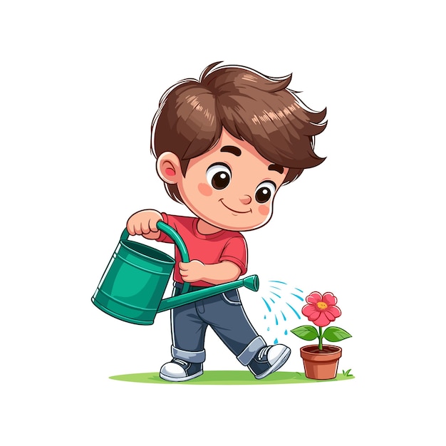Chłopiec podlewający roślinę kwiatową