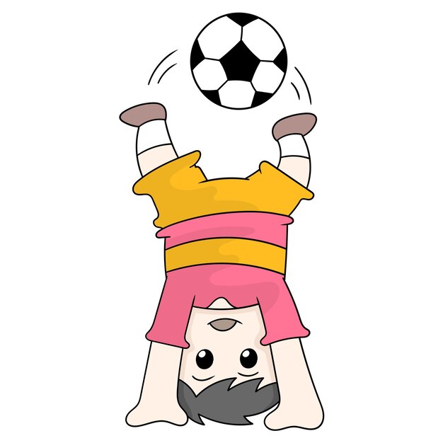 Chłopiec Sportowiec Piłka Nożna Robi Headstand, Wektor Ilustracja Sztuki. Doodle Ikona Obrazu Kawaii.