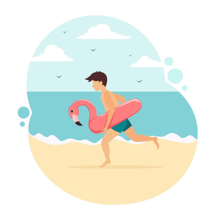 Chłopiec w niebieskich spodenkach kąpielowych biegnie na plażę z nadmuchiwanym flamingiem. Śmieszne dziecko na tle morza. Ilustracja w stylu płaskiej kreskówki może służyć do projektowania lato, plakaty, banery. Motyw letni.