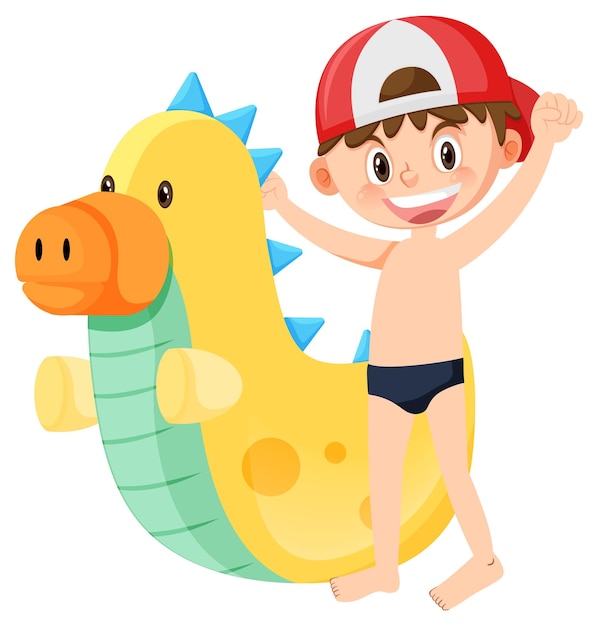 Chłopiec W Stroju Kąpielowym Obok Nadmuchiwanego Dinozaura