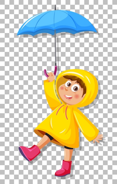 Plik wektorowy chłopiec w żółtym płaszczu przeciwdeszczowym z tłem w kratkę z parasolem