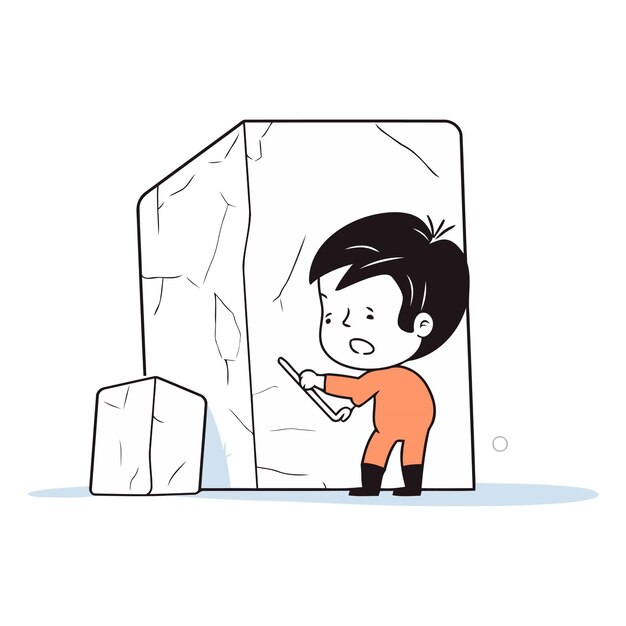 Plik wektorowy chłopiec z kreskówki patrzący na kamień w ręcznie narysowanym stylu
